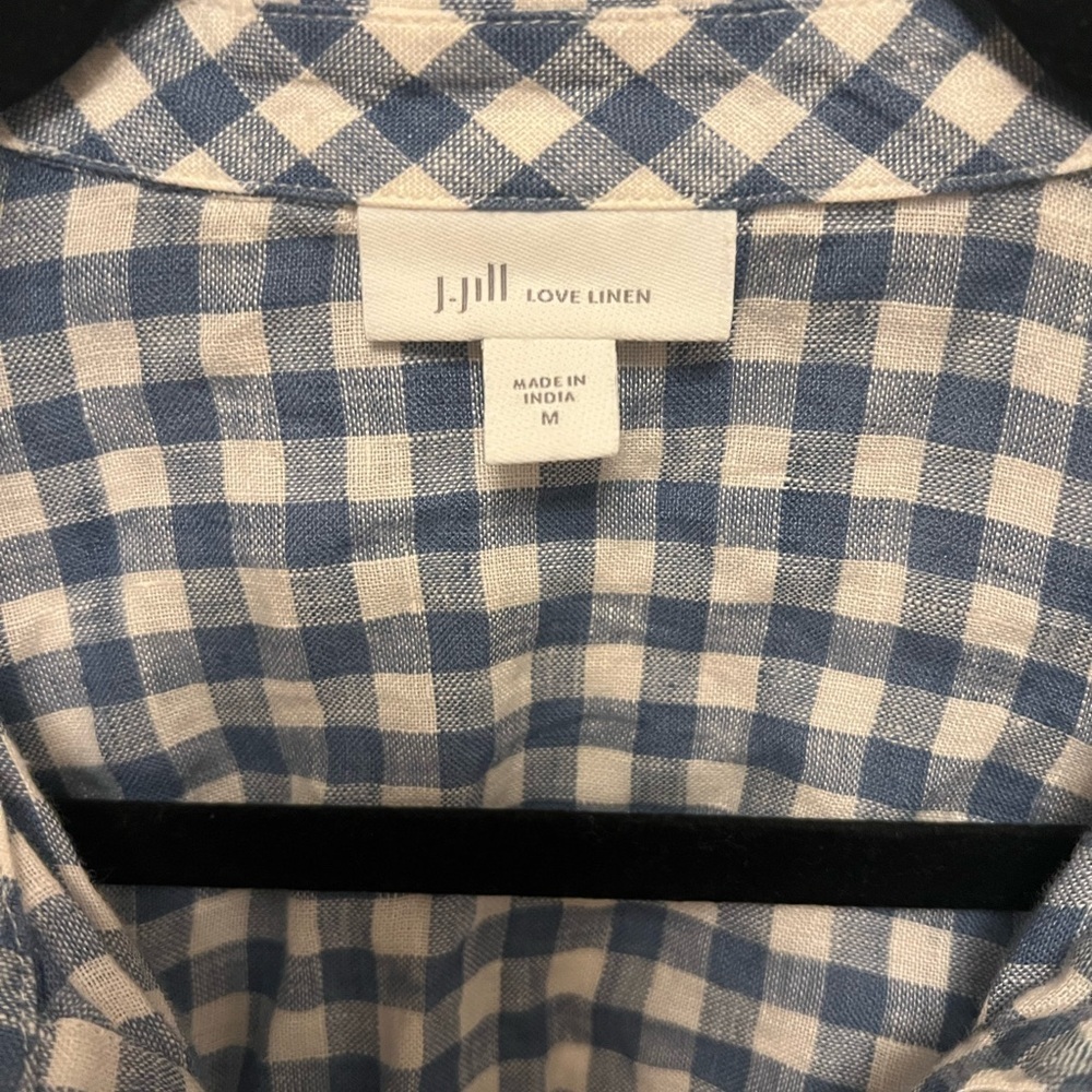 J. Jill Love Linen Blue Checker Gingham Popover Tunic Blouse V-Neck Size Medium - Picture 7 of 7